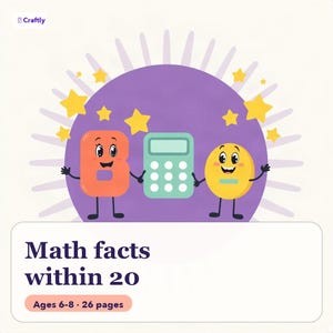 Pode incluir: Uma capa de livro educativo intitulada Math facts within 20, Ages 6-8, 26 pages. Apresenta uma letra B laranja e um personagem circular amarelo segurando uma calculadora verde-clara sobre um fundo circular roxo com estrelas amarelas.