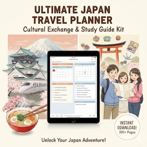 Pode incluir: Um planejador de viagens ilustrado para o Japão, com um tablet exibindo um calendário, marcos japoneses, ramen e um grupo de pessoas com um mapa. O texto diz "ULTIMATE JAPAN TRAVEL PLANNER" e "Unlock Your Japan Adventure!"