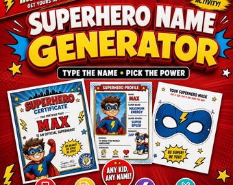 Instant Superhero Name Generator | Personalized Kids Certificate, Profile Card & Mask PDF | Digital Download Party Favor