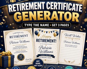 Instant Retirement Certificate Generator | Personalized Certificate, Party Sign & Well-Wishes Card PDF | Digital Download
