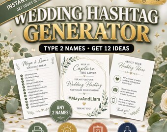 Gepersonaliseerd hashtag-bord voor je bruiloft - Direct te downloaden | Voer 2 namen in en ontvang 12 hashtag-ideeën + printbaar bord
