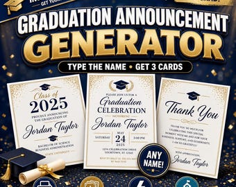 Instant Graduation Announcement Generator | Personalized Announcement, Invitation & Thank You Card PDF | Digital Download