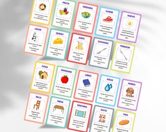 Aprende español de forma divertida, rápida y visual con este paquete interactivo de 50 tarjetas ilustradas. Aprende español