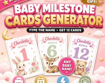 Instant Baby Milestone Cards Generator | Personalized Monthly Photo Prop Cards PDF, Set of 12 | Digital Download