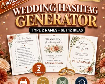 Hashtaggenerator voor bruiloften | Gepersonaliseerde directe download | Unieke hashtag-ideeën voor bruiloften + printbaar bord (pdf)