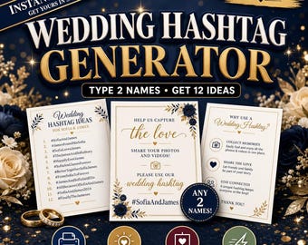 Generator voor unieke hashtag-ideeën voor bruiloften - Direct te downloaden | Elk stel, elke naam, onbeperkt gebruik + printbaar bord