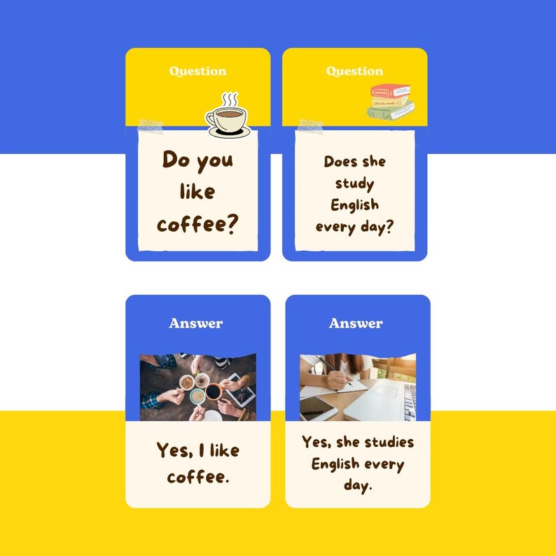 Puede incluir: Cuatro tarjetas azules con bordes amarillos, cada una con una pregunta y una respuesta. La primera pregunta es "&iquest;Te gusta el caf&eacute;?" y la respuesta es "S&iacute;, me gusta el caf&eacute;." La segunda pregunta es "&iquest;Ella estudia ingl&eacute;s todos los d&iacute;as?" y la respuesta es "S&iacute;, ella estudia ingl&eacute;s todos los d&iacute;as."