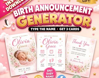 Instant Birth Announcement Generator | Personalized Baby Announcement, Stats Card & Thank You Card PDF | Digital Download