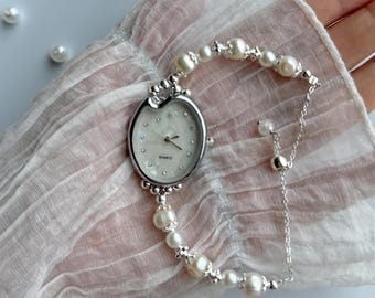 Vintage Pearl Beaded Watch Bracelet, Irregular Pearl Dial Watch, Elegant Women’s Wristwatch, Shiny Shell Face Watch, Christmas Gift for Her