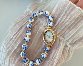 Vintage beaded floral ceramic watch bracelet,gold watch for woman,boho bracelet watch,dignity gemstone watch,painted clay beads wrist watch