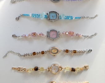 Handmade Natural crystal beaded watch bracelet,colorful gemstone watch,zircon wrist watch,elegant purple crystal bracelet,unique wrist watch