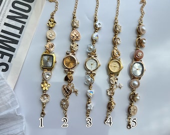Trendy Gold Wrist Watch for Woman,Elegant Pearl Watch Bracelet,Y2K Gold Watch,Unique Dial Watch Jewelry,Exquisite Watch,Dainty Wrist Watch
