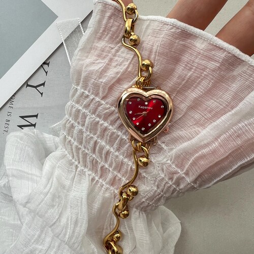 Vintage Red Heart Wrist Watch,elegant Red Dial Gold Watch  display picture 1