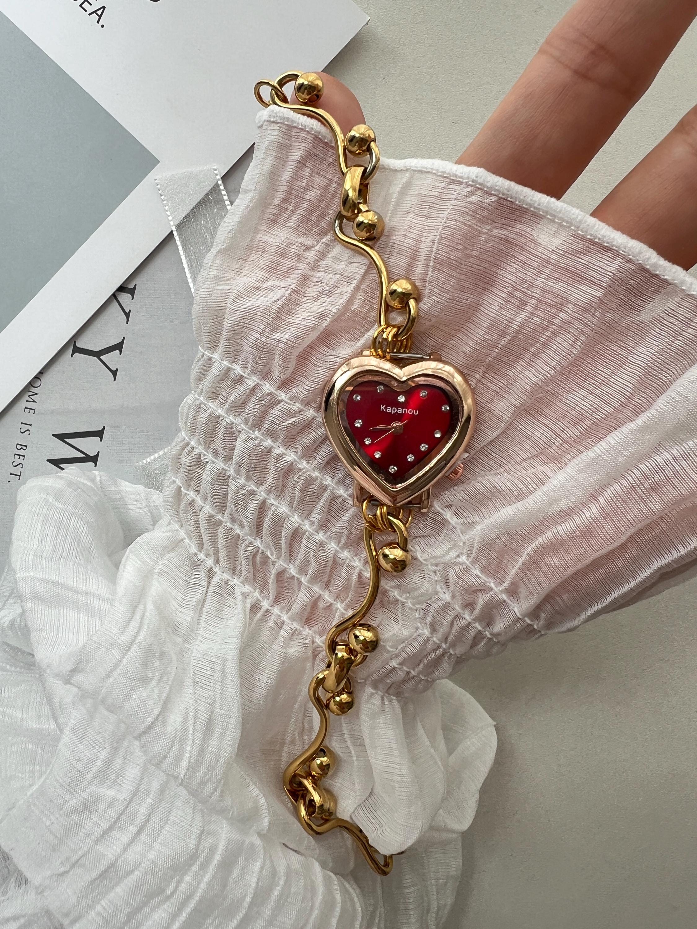 Vintage Red Heart Wrist Watch,Elegant Red Dial Gold Watch Bracelet,Y2K Watch Jewelry, Wedding & Anniversary Watch for Woman,Gold Band Watch