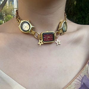 Vintage Gold Watch Choker Necklace, Punk Star Charm Watch Necklace, Y2K Clock Choker,Cross Charm Layered Necklace, Elegant Watch Jewelry
