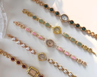 Colorful gemstone wrist watch for her,vintage beaded watch bracelet,elegant pearl watch,gold watch jewelry,Y2K pink watch,wedding jewelry