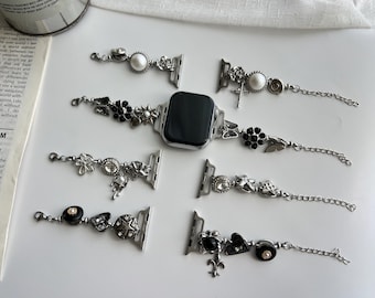 Vintage Charms Silver Chain Apple Watch Band,Cute Retro Buttons Apple Watch Strap,Pearl Bracelet for Smartwatch,Silver Charm Watch Strap