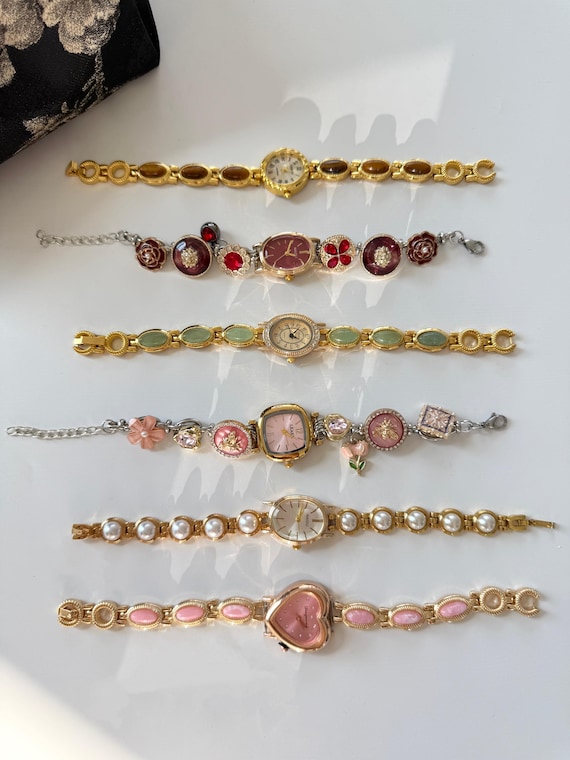 Custom colorful gemstone watch bracelet,Y2K pink watch,elegant pearl watch,tiger's eye bracelet,gold watch jewelry,vintage watch gift woman