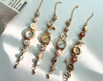 Colorful bead bracelet gold wrist watch,vintage pearl watch,Y2K charm clock bracelet,elegant watch for woman,wedding watch jewelry gift idea