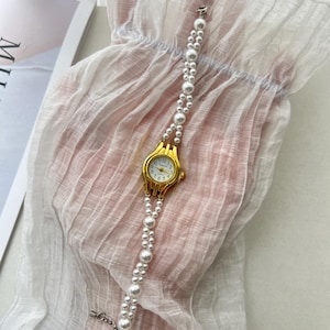 Woman&#39;s Pearl Wrist Watch,Minimalist Gold Watch,Trendy Watch Bracelet,Elegant Wedding Pearl Watch Gift,Gold Watch With Woven Pearl Bracelet