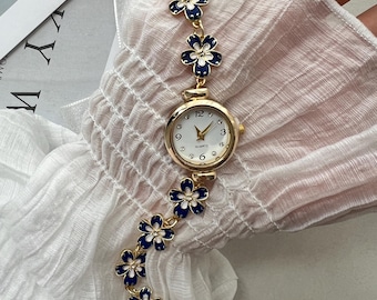 Blue Flower Watch Strap for Women, Elegant Watch Bracelet, Vintage Flower Gold Wrist Watch, Elegant Wedding Watch Gift, Charm Bracelet Watch