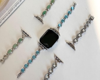 Correa vintage para Apple Watch con piedras preciosas de colores, correa con cuentas de perla, pulsera de cuentas verdes para reloj inteligente, correa de reloj plateada Y2K, regalo