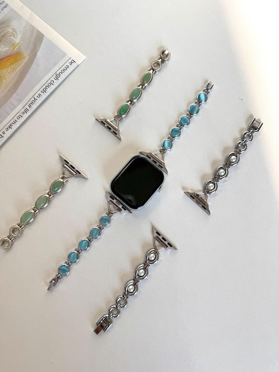Vintage Colorful Gemstone Apple Watch Strap,Pearl Beaded Apple Watch Band,Green Beaded Bracelet for Smartwatch,Y2K Silver Watch Band Gift