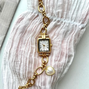 Elegant gold pearl wrist watch for woman,heart charm watch bracelet,vintage charm watch bracelet,wedding watch gift,luxury timepiece jewelry