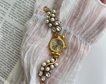 Zegarek z perłami w stylu vintage dla kobiet, elegancki złoty zegarek na rękę, delikatny zegarek z perłową bransoletą, biżuteria ślubna na prezent dla niej, unikatowa biżuteria z perłami