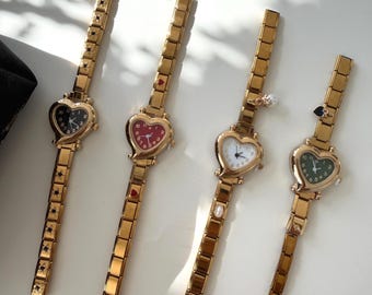 Y2K Gold Modular Heart Watch Bracelet,DIY Charm Modular Bracelet,Gold Wrist Watch,Trendy Colorful Watch,Elegant Watch Christmas Gift for Her