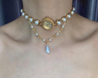 Gargantilla elegante con reloj de perlas, gargantilla vintage de oro, collar de perlas en capas, joyería de reloj de moda, gargantilla de reloj Y2K, joyería de boda