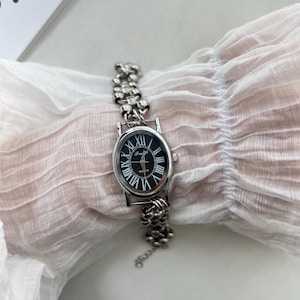 Elegant silver watch braclet, black dial silver watch,silver wrist watch for woman, vintage watch,wedding watch jewelry, silver chain watch