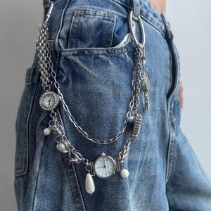 Punk Silver Watch Pants Chain,Statement Pants Chain,Chunky Silver Pants Chain,Watch Waist Accessory, Y2K Clock Belt Pants Chain,Unique Watch