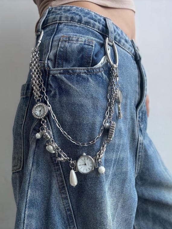 Punk Silver Watch Pants Chain,Statement Pants Chain,Chunky Silver Pants Chain,Watch Waist Accessory, Y2K Clock Belt Pants Chain,Unique Watch