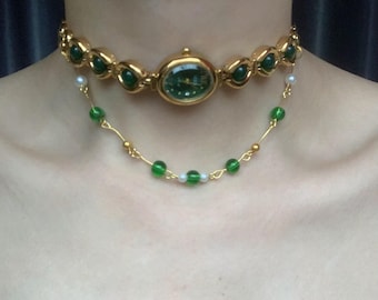 Vintage Gemstone Watch Choker Necklace,Green Beaded Necklace,Green Watch Necklace,Trendy Watch Jewelry,Y2K Clock Choker,Wedding Jewelry Gift