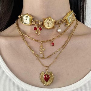 Vintage Gold Watch Choker Necklace,Y2K Bow Charm Pearl Watch Choker,Vintage Clock, Heart Charm Layered Necklace, Elegant Gold Watch Jewelry