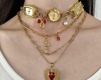 Vintage Gold Watch Choker Necklace,Y2K Bow Charm Pearl Watch Choker,Vintage Clock, Heart Charm Layered Necklace, Elegant Gold Watch Jewelry