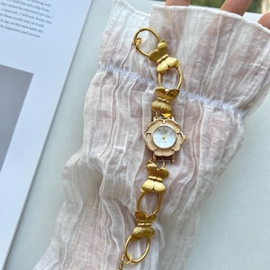 Vintage Gold Watch Bracelet,Butterfly Charm Bracelet,Floral Dial Watch,Elegant Women&#39;Wrist Watch, Creative Handmade Watch,Unique Dial Watch
