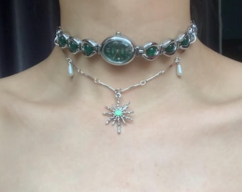 Vintage Gemstone Watch Choker Necklace,Green Beaded Necklace,Pearl Watch Choker,Trendy Watch Jewelry,Y2K Clock Choker,Wedding Jewelry Gift