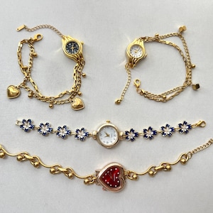 Vintage Gold Charm Bracelet Watch,Elegant Gold Watch,Floral Chain Watch,Y2K Gold Watch for Woman, Wedding Watch Jewelry,Red Heart Watch Gift
