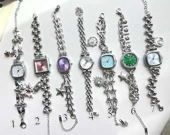 Trendy Silver Wrist Watch for Woman,Star Chram Watch Bracelet,Y2K Silver Watch,Unique Dial Watch Jewelry,Exquisite Watch,Dainty Wrist Watch