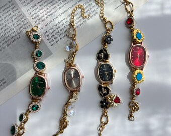 Reloj de pulsera vintage colorido para mujer, elegante pulsera con dijes de cuentas, reloj de oro Y2K, exquisita joyería de reloj de boda, delicado reloj de pulsera.