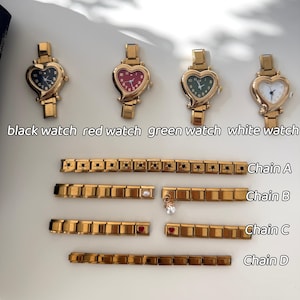 May include: Gold-toned heart-shaped watches with black, red, green, and white faces. Below are gold-toned chain bracelets, including one with star-shaped accents, one with a pearl, and two with heart-shaped charms. Text on the image reads: black watch, red watch, green watch, white watch, Chain A, Chain B, Chain C, Chain D.