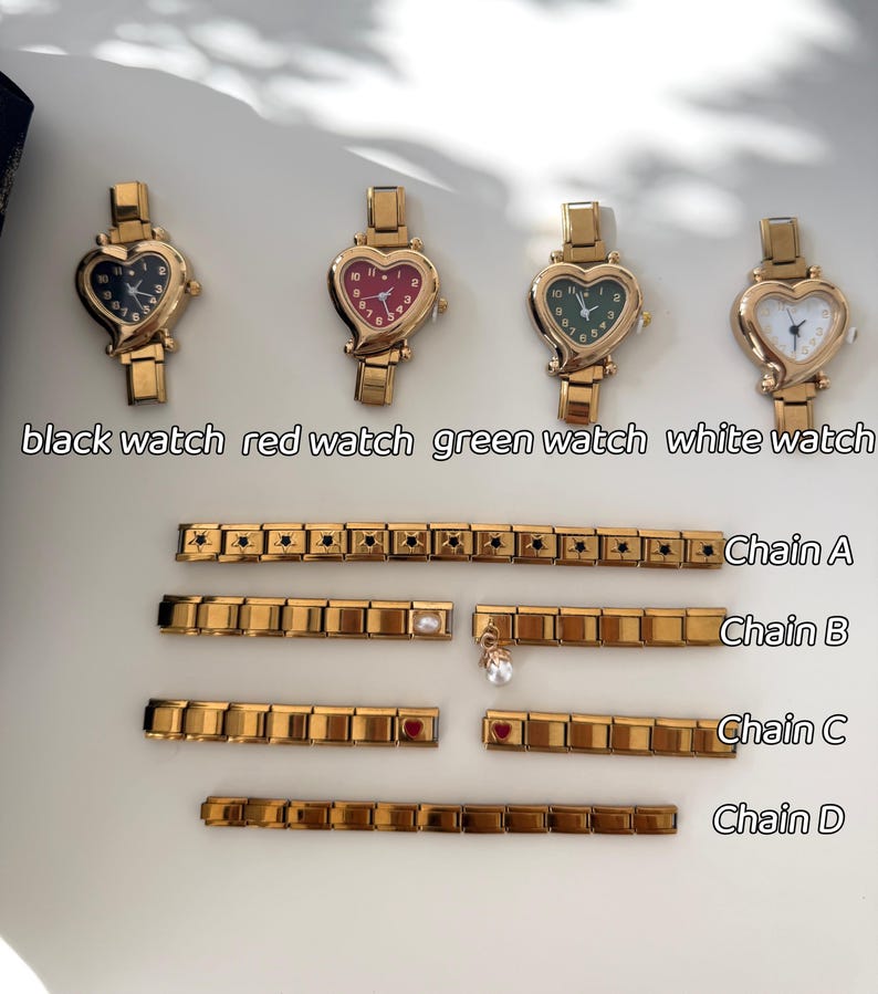 May include: Gold-toned heart-shaped watches with black, red, green, and white faces. Below are gold-toned chain bracelets, including one with star-shaped accents, one with a pearl, and two with heart-shaped charms. Text on the image reads: black watch, red watch, green watch, white watch, Chain A, Chain B, Chain C, Chain D.