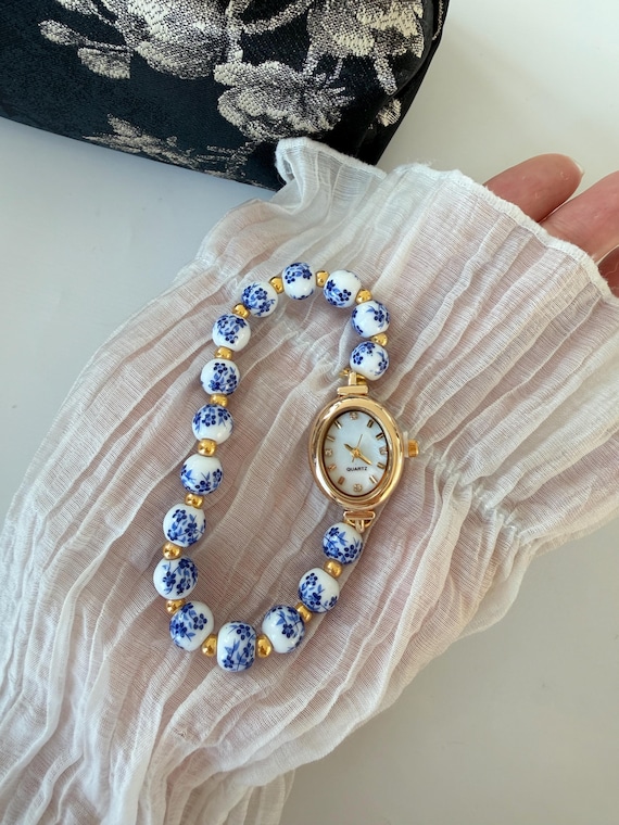 Vintage beaded floral ceramic watch bracelet,gold watch for woman,boho bracelet watch,dignity gemstone watch,painted clay beads wrist watch
