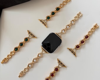 Colorful Gemstone Apple Watch Band,Elegant Gold Pearl Watch Band Gift,Green Beaded Apple Watch Strap,Red Beaded Bracelet for Smartwatch