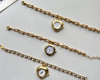 Elegant gold heart watch pendant bracelet,cute gold wrist watch for woman, vintage gold watch gift, wedding jewelry,Y2K watch bracelet gift