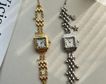 Handmade Wrist Watch For Woman,Trendy Charm Watch Bracelet,Minimalist Gold Wrist Watch,Elegant Silver Watch Gift,Unique Charm Bracelet Watch
