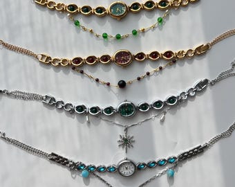 Vintage Gemstone Watch Choker,Colorful Beads Necklace,Pearl Watch Necklace,Trendy Watch Jewelry,Y2K Clock Choker,Unique Wedding Jewelry Gift