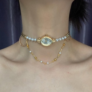 Elegant Pearl Watch Choker Necklace,Gold Watch Choker,Trendy Gold Watch Jewelry Woman,Y2K Clock Choker,Vintage Watch Jewelry,Wedding Gift